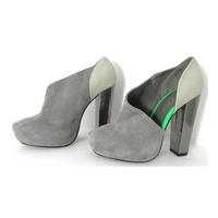 Office Size 3.5 Dove Grey Suede Off Cream Leather And Metallic Silver Heeled Open Sided Boots