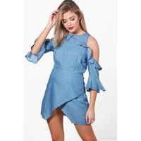 Off The Shoulder Frill Chambray Shift Dress - blue