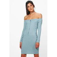 off the shoulder zip up rib dress blue