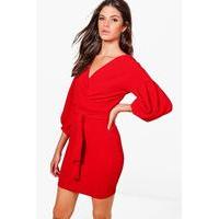 Off The Shoulder Wrap Detail Bodycon Dress - red