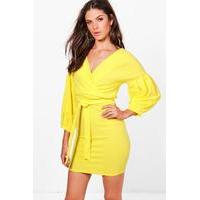 off the shoulder wrap detail bodycon dress yellow