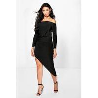 Off Shoulder Long Sleeve Midi Dress - black