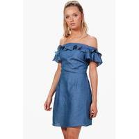 Off The Shoulder Chambray Swing Dress - mid blue