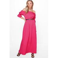 Off Shoulder Fril Sleeve Maxi Dress - pink