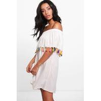 off shoulder tassel trim dress ivory