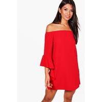 off shoulder waterfall sleeve shift dress red