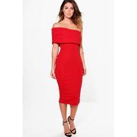 off shoulder panel detail midi bodycon dress red