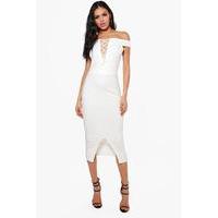 off shoulder lace up midi bodycon dress ivory