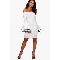 Off The Shoulder Flared Sleeve Bodycon Dress - ivory