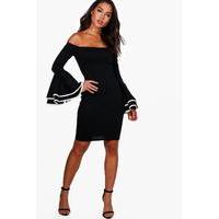 off the shoulder flared sleeve bodycon dress black