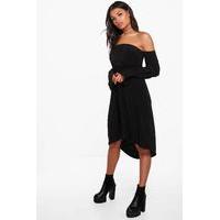 Off Shoulder Blousen Sleeve Midi Dress - black