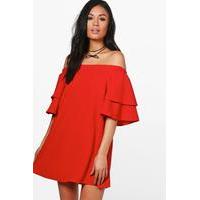 Off Shoulder Ruffle Shift Dress - poppy