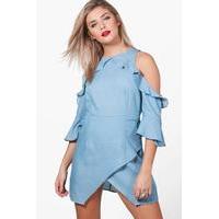 off the shoulder frill chambray shift dress mid blue