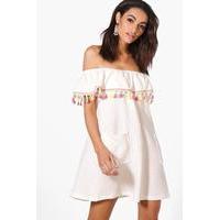 off shoulder tassle dress white