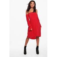 off shoulder blousen sleeve midi dress red