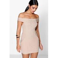 off the shoulder bandage dress sand