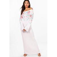 Off The Shoulder Printed Embroidery Maxi Dress - white