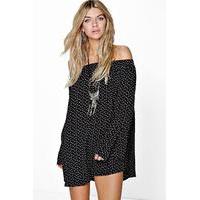 Off The Shoulder Feather Print Dress - black