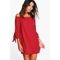 Off The Shoulder Tie Sleeve Shift Dress - berry