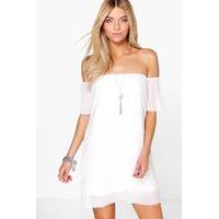 Off Shoulder Pleat Shift Dress - cream