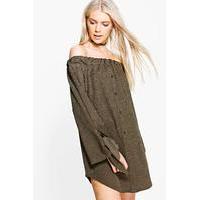 Off Shoulder Button Through Shift Dress - khaki