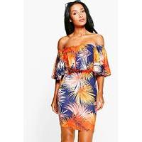 Off Shoulder Tropical Bodycon Dress - blue