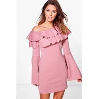 Off One Shoulder Frill Bodycon Dress - rose
