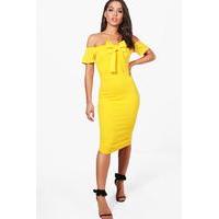 Off SHoulder Bow Front Midi Dress - yellow