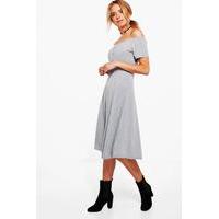 Off Shoulder Button Skater Dress - grey