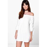 off the shoulder tie sleeve shift dress white