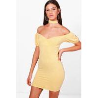 Off Shoulder Gingham Choker Bodycon Dress - yellow