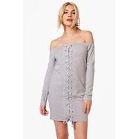 Off The Shoulder Lace Up Sweat Dress - grey marl