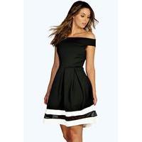 Off Shoulder Contrast Mesh Skater Dress - black