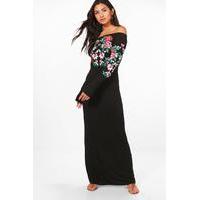 off the shoulder printed embroidery maxi dress black