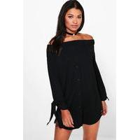 Off Shoulder Button Through Shift Dress - black