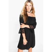 Off Shoulder Crochet Sleeve Dress - black