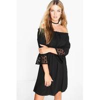 off shoulder crochet sleeve dress black