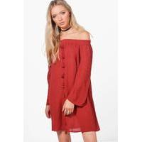 Off Shoulder Tassel Shift Dress - rust