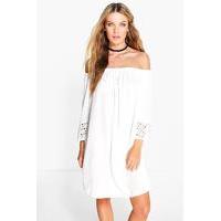 Off Shoulder Crochet Sleeve Dress - white