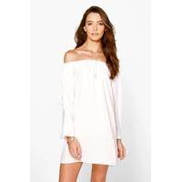 off the shoulder flare sleeve shift dress white