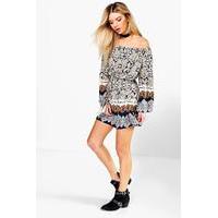 Off The Shoulder Paisley Belted Dress - navy