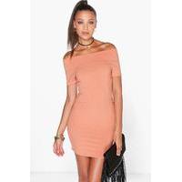 Off Shoulder Ribbed Mini Bodycon Dress - apricot