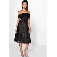 Off Shoulder Check Organza Skater Dress - black