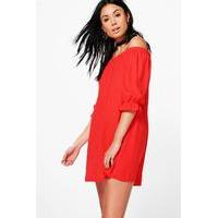 off the shoulder button shift dress red