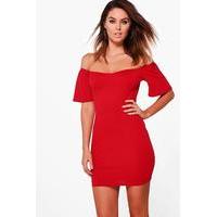 Off Shoulder Frill Bodycon Dress - red