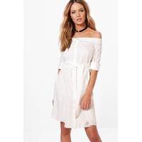 Off The Shoulder Tie Front Shirt Dress - white