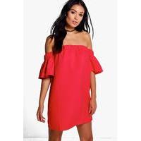 off shoulder flute sleeve dress red