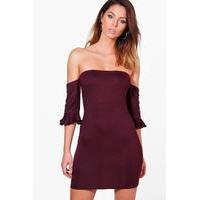 off the shoulder frill detail bodycon dress berry