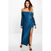 Off Shoulder Slinky Slit Sleeve Maxi Dress - teal