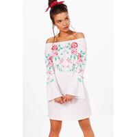 Off Shoulder Printed Embroidery Shift Dress - white